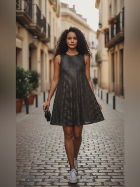 Want and Need Pleated Black Metallic Gold Halter Dress size Xs